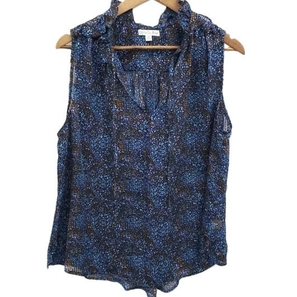 Ophelia Roe Blue Abstract Print Sleeveless Ruffle Neck Blouse‎ 1X Plus Sheer